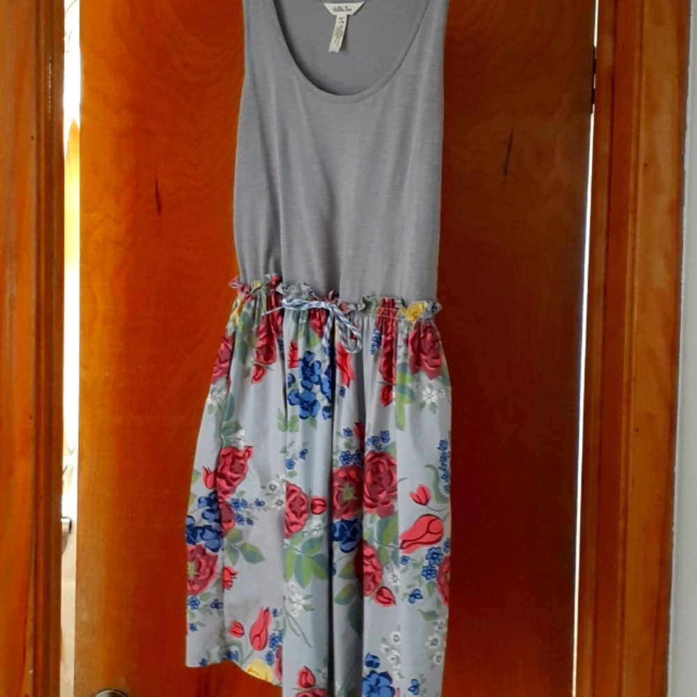 Matilda Jane Dress, beautiful gray with pips of fun bright colors in the flowers